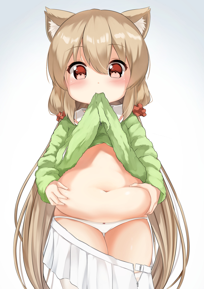 1girl animal_ear_fluff bangs blush bow bow_panties brown_hair clothes_lift clothes_pull commentary_request eyebrows_visible_through_hair gradient gradient_background green_shirt grey_background hair_between_eyes hair_ornament hair_scrunchie highres long_hair looking_at_viewer low_twintails navel open_clothes open_skirt original panties pleated_skirt plump red_eyes red_scrunchie sailor_collar scrunchie shirt shirt_in_mouth shirt_lift skirt skirt_pull solo sora_(silent_square) stomach thighhighs twintails underwear very_long_hair white_background white_legwear white_panties white_sailor_collar white_skirt