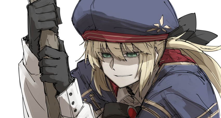 1girl artoria_pendragon_(all) artoria_pendragon_(caster)_(fate) bangs beret black_gloves blonde_hair blue_cape blue_headwear breasts cape dress fate/grand_order fate_(series) gloves green_eyes hat holding holding_staff hood hooded_cape kan_(aaaaari35) long_hair long_sleeves multicolored multicolored_cape multicolored_clothes red_cape shaded_face small_breasts solo staff twintails white_dress