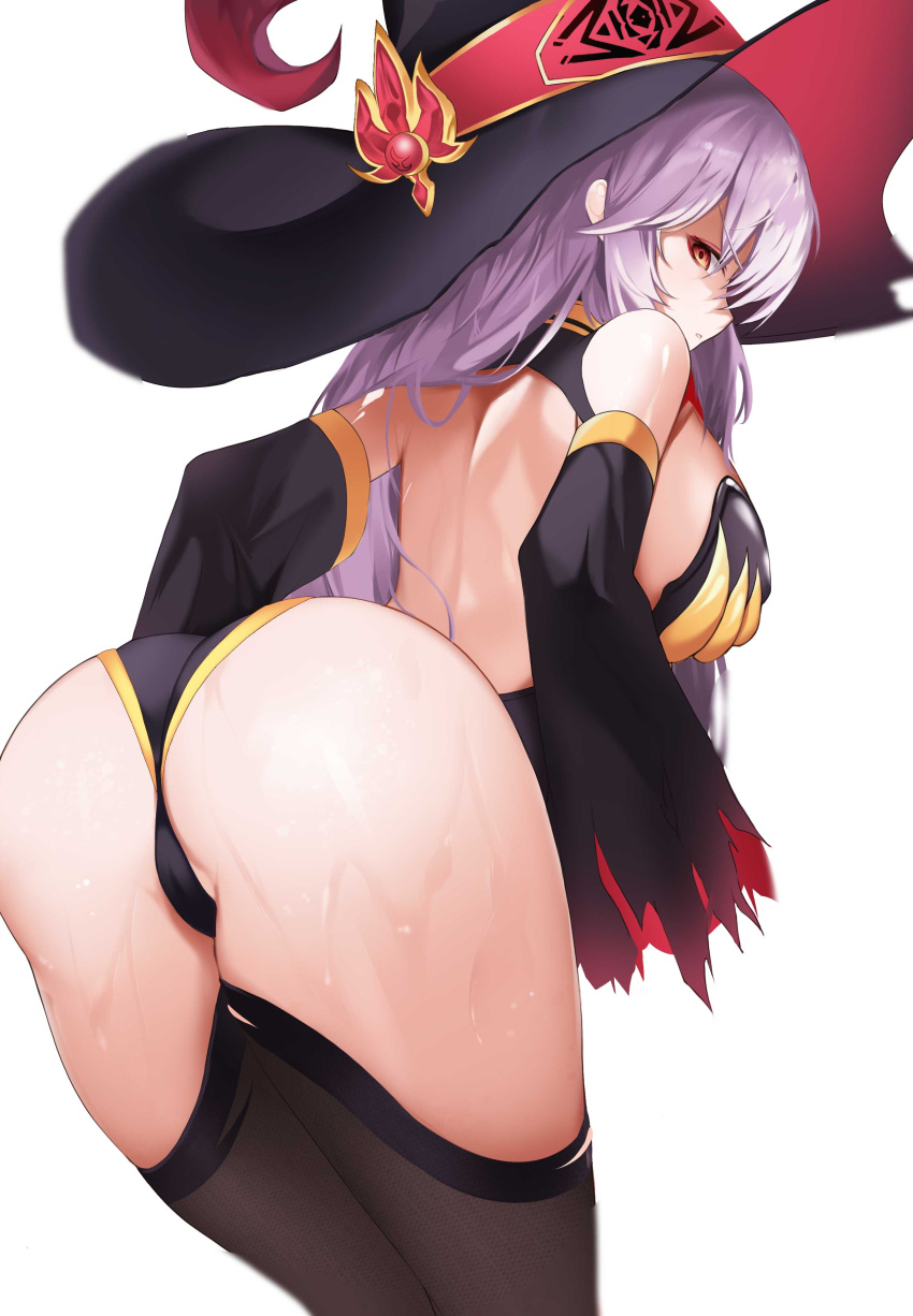1girl absurdres ass back backless_leotard bare_shoulders black_headwear black_leotard brown_legwear cameltoe detached_sleeves from_behind frown hat highres indie_virtual_youtuber leotard long_hair long_sleeves looking_at_viewer looking_back mizuz nevin_(flyskying) parted_lips red_eyes simple_background solo standing strapless strapless_leotard thighhighs v-shaped_eyebrows virtual_youtuber wet white_background white_hair witch_hat