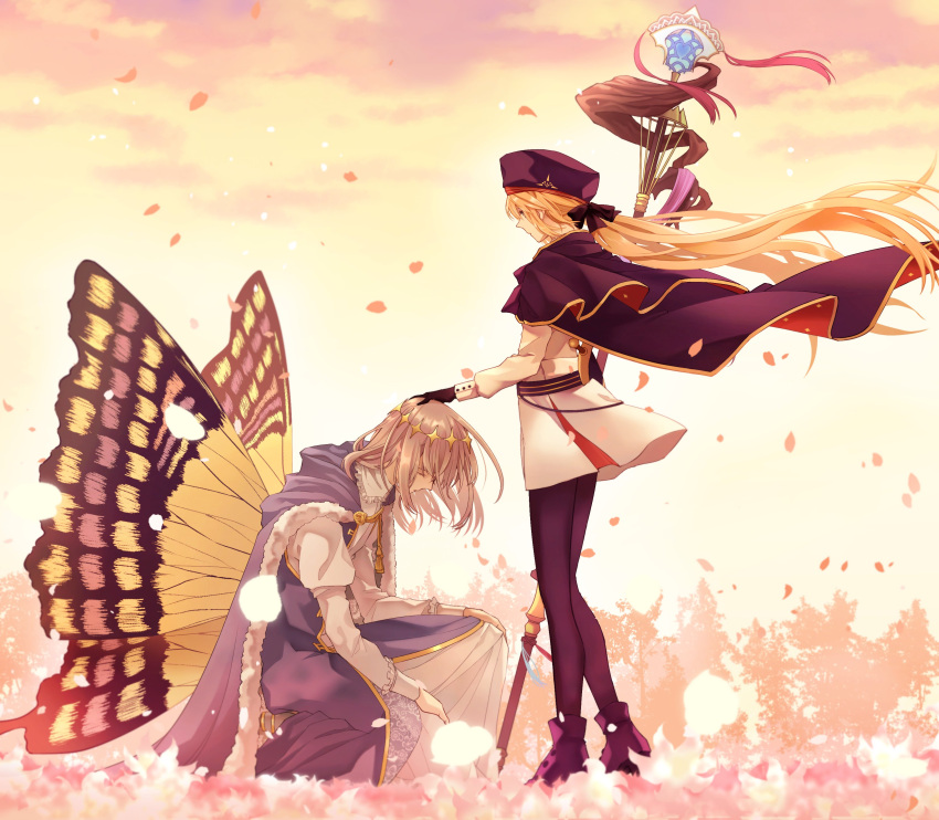1boy 1girl absurdres artoria_pendragon_(all) artoria_pendragon_(caster)_(fate) black_gloves blonde_hair blue_headwear boots butterfly_wings cape cloak coat crown evening fate/grand_order fate_(series) flower from_side full_body fur-trimmed_cape fur_trim gloves hand_on_another's_head hat highres holding holding_staff kneeling long_hair morita_yuu oberon_(fate) one_knee pantyhose petals robe silver_hair skirt staff two-sided_fabric wind wind_lift wings