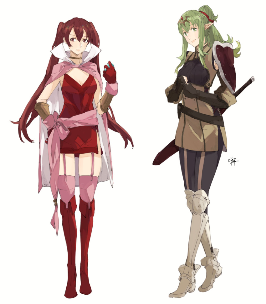 2girls alternate_costume armor bangs belt black_gloves black_pants boots bracelet breasts cape choker cleavage closed_mouth commentary commission cosplay costume_switch detached_sleeves dragonstone dress english_commentary eyebrows_visible_through_hair fingerless_gloves fire_emblem fire_emblem_awakening gloves green_hair hair_between_eyes hair_ornament hand_on_hip high_ponytail highres holding jewelry long_hair looking_at_viewer manakete multiple_girls pants pink_cape pointy_ears ponytail red_dress red_eyes red_footwear red_gloves red_hair sakuremi severa_(fire_emblem) severa_(fire_emblem)_(cosplay) sheath sheathed shoulder_armor sidelocks signature simple_background sleeveless sleeveless_dress smile sword tiara tiki_(fire_emblem) tiki_(fire_emblem)_(cosplay) twintails weapon white_background