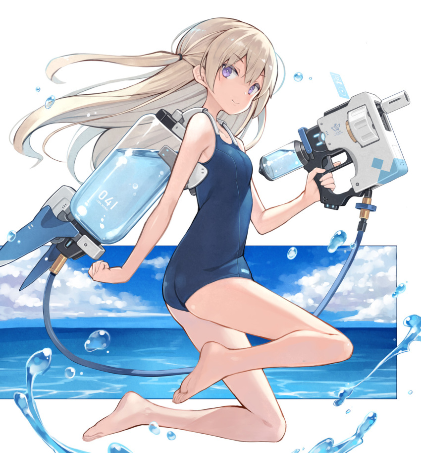 1girl bangs barefoot blonde_hair breasts eyebrows_visible_through_hair from_side highres long_hair looking_at_viewer original poco_(asahi_age) purple_eyes school_swimsuit small_breasts solo swimsuit water water_gun