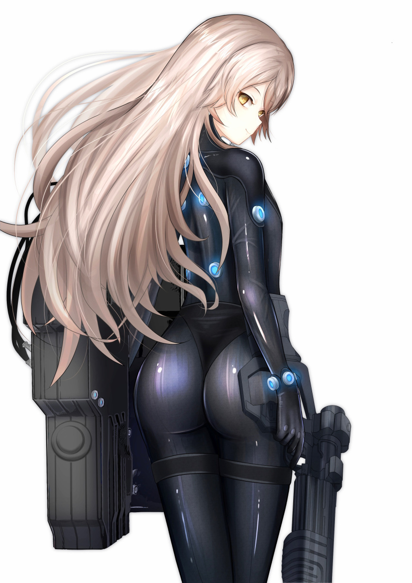 1girl absurdres alternate_costume ass back black_bodysuit bodysuit feet_out_of_frame gantz gantz_suit girls'_frontline guchagucha gun highres holding holding_gun holding_weapon latex_bodysuit light_brown_hair long_hair looking_at_viewer looking_back neon_lights skin_tight smile solo standing ump45_(girls'_frontline) weapon white_background yellow_eyes z-gun