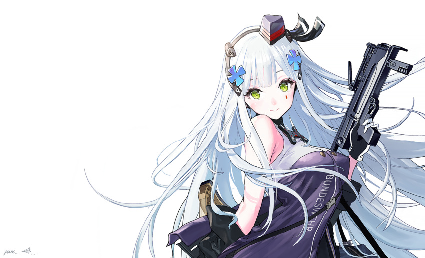 1girl assault_rifle bangs bare_shoulders blunt_bangs breasts covered_nipples cross_hair_ornament facial_mark from_side girls'_frontline gloves green_eyes gun h&amp;k_hk416 h&amp;k_ump hair_ornament headband headgear hk416_(girls'_frontline) long_hair looking_at_viewer medium_breasts military_jacket punc_p removing_jacket rifle silver_hair simple_background smile solo submachine_gun upper_body very_long_hair weapon white_background white_hair