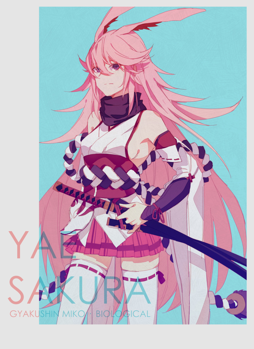 1girl animal_ears bangs blaise_(akigayakozato) breasts closed_mouth fox_ears fox_mask hair_between_eyes highres holding holding_sword holding_weapon honkai_(series) honkai_impact_3rd katana long_hair looking_at_viewer mask pink_hair pink_skirt purple_eyes sheath sheathed sideboob skirt solo sword thighhighs weapon white_legwear yae_sakura yae_sakura_(gyakushinn_miko)