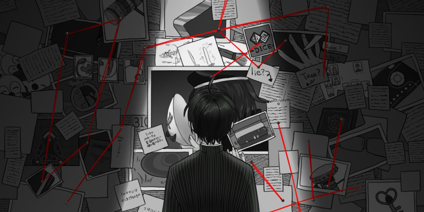 1boy ahoge bed book commentary computer danganronpa_(series) danganronpa_v3:_killing_harmony desk dice_members_(danganronpa) english_text explosive from_behind grenade hands hasugu_(hasugu_dg) hat key knife male_focus mask monochrome ouma_kokichi photo_(object) pillow rocket saihara_shuuichi short_hair striped_jacket tagme upper_body