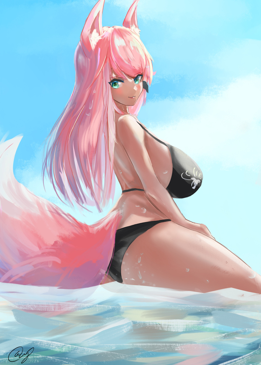 1girl absurdres ago_(owenanaken) animal_ear_fluff animal_ears bikini black_bikini blue_eyes blush borrowed_character breasts cloud from_side hand_on_own_thigh highres large_breasts long_hair looking_down original pink_hair sitting sky smile solo swimsuit tail water