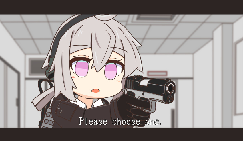 1girl :o aiming antenna_hair backpack bag bangs black_gloves blurry blurry_background brown_jacket ceiling door earmuffs girls'_frontline gloves gotoo grey_bag grey_hair gun hair_between_eyes handgun highres holding holding_gun holding_weapon indoors jacket long_sleeves looking_at_viewer m1911 m200_(girls'_frontline) open_mouth pistol polo_shirt ponytail purple_eyes shirt solo weapon white_shirt