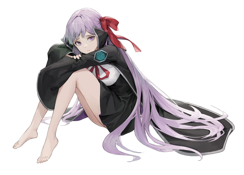 1girl arms_on_knees bangs bare_legs barefoot bb_(fate) bb_(fate)_(all) black_coat black_skirt bow closed_mouth coat cotta_(artstation) fate/grand_order fate_(series) full_body hair_bow hair_ribbon high-waist_skirt highres knees_up long_hair long_sleeves looking_at_viewer purple_eyes purple_hair red_bow red_ribbon ribbon sitting skirt solo very_long_hair white_background wide_sleeves