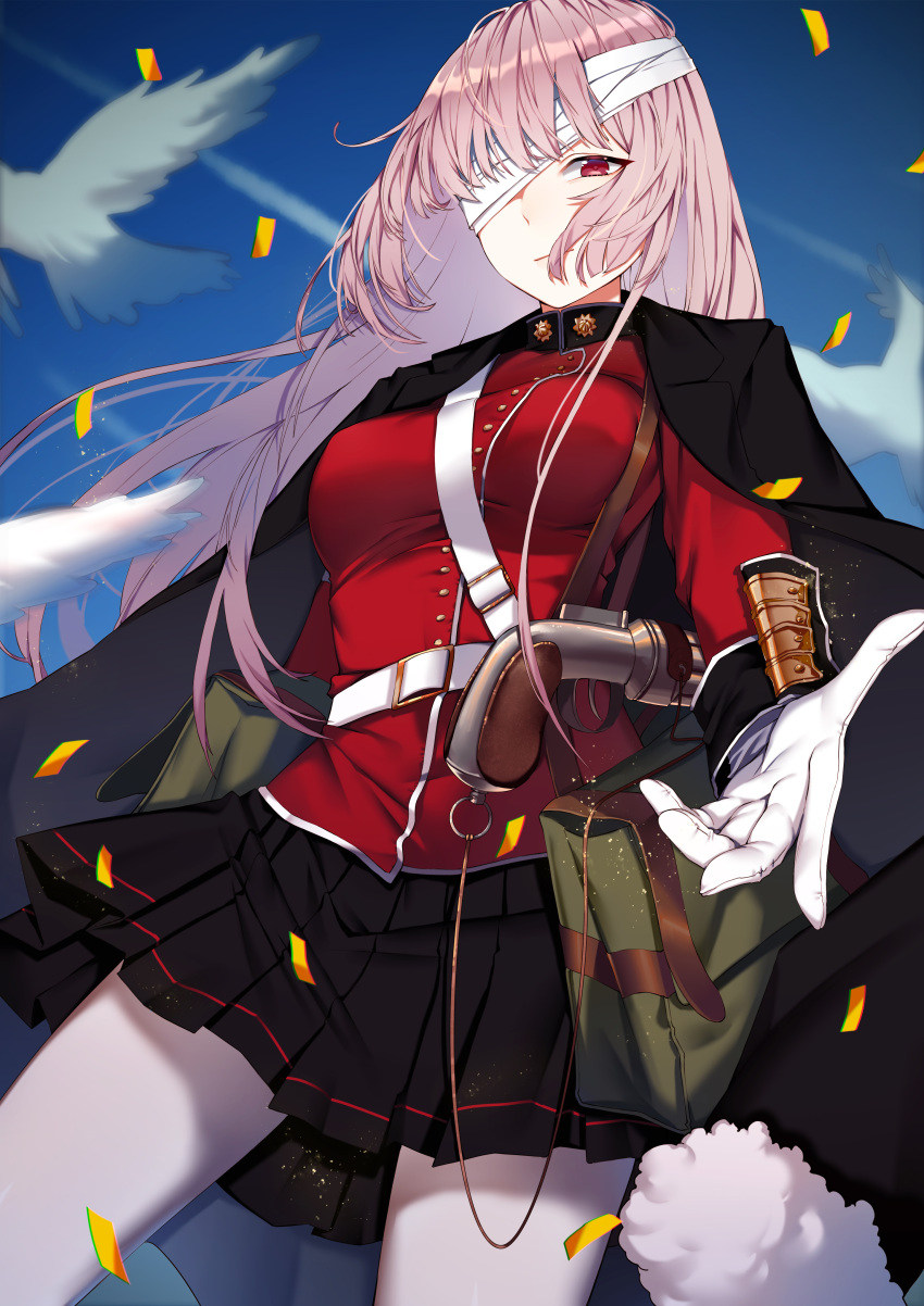 1girl absurdres bag bandage_over_one_eye bandages bangs belt bird blue_sky breasts cloak coat fate/grand_order fate_(series) florence_nightingale_(fate) gloves gun handgun highres iiiroha long_hair looking_at_viewer military military_uniform pantyhose pink_hair pistol reaching_out red_eyes skirt sky solo uniform weapon white_bird white_gloves white_legwear