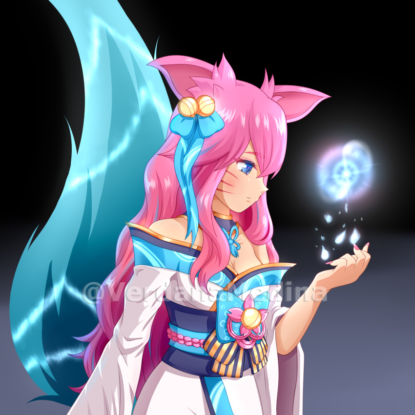 1girl ahri bare_shoulders bell blue_eyes blue_tail breasts choker cleavage facial_mark hair_bell hair_ornament highres japanese_clothes kimono kumiho league_of_legends multiple_tails pink_hair pink_nails ribbon spirit_blossom_ahri tail verdana_medina whisker_markings