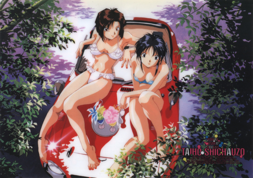 1990s_(style) 2girls armpits artist_request bandeau bangs bare_shoulders barefoot bikini black_eyes black_hair blue_bikini bob_cut breasts breasts_apart brown_hair car convertible copyright_name crossed_arms day drinking_straw eyewear_removed feet flower food frilled_bikini frills from_above full_body glint ground_vehicle highres holding knee_up knees_together_feet_apart kobayakawa_miyuki large_breasts leaf legs light_smile long_legs looking_at_viewer lying medium_breasts motor_vehicle multiple_girls nail_polish narrow_waist official_art official_wallpaper on_back on_vehicle outdoors parfait parted_bangs red_eyes retro_artstyle scan shade short_hair sidelocks sitting smile sunglasses swimsuit toenail_polish toenails toyota toyota_sports_800 tray tsujimoto_natsumi white_bikini you're_under_arrest