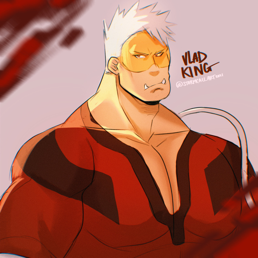 1boy bara bodysuit boku_no_hero_academia character_request fangs highres large_pectorals looking_at_viewer male_cleavage male_focus mature_male muscular muscular_male pectorals portrait red_bodysuit short_hair sideburns solo stormcallart upper_body white_hair
