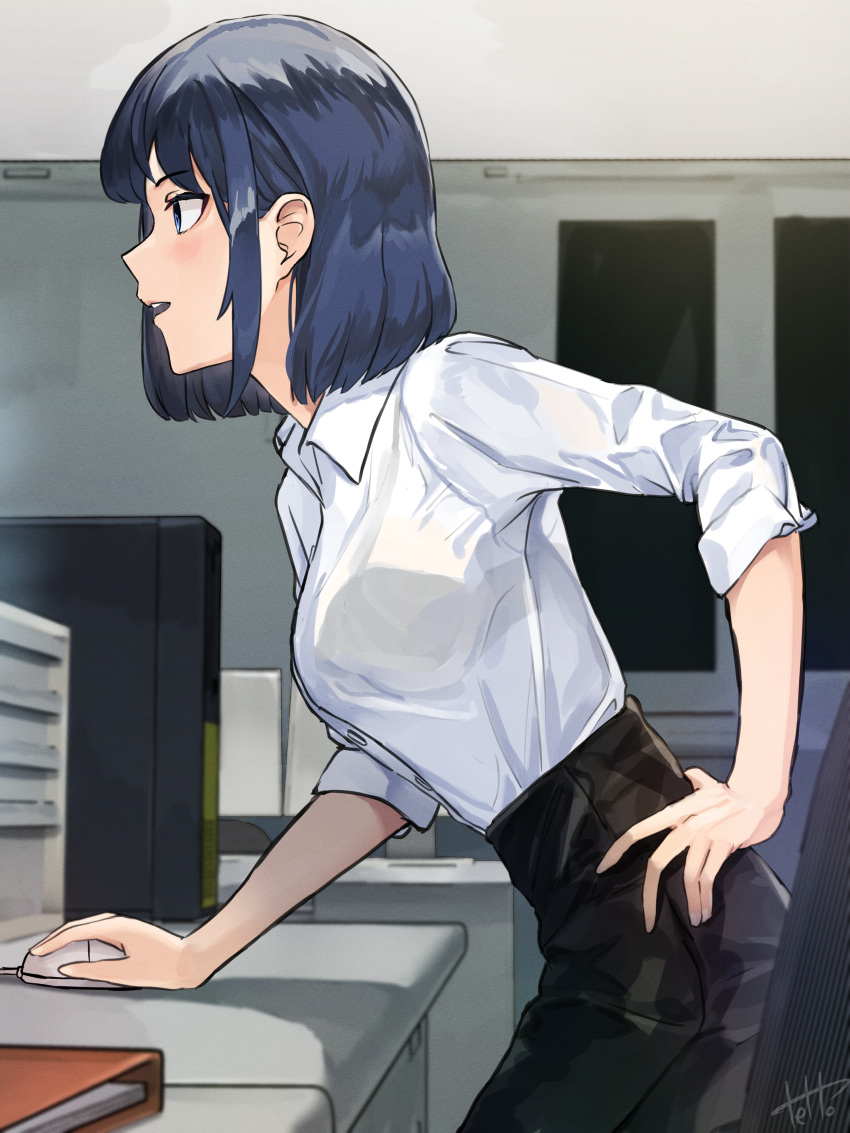 1girl absurdres artist_name bangs binder black_skirt blue_eyes blue_hair bob_cut bra bra_through_clothes breasts buta5813 computer desk from_side hand_on_hip highres huge_filesize indoors leaning_forward light_blush looking_ahead medium_breasts mouse_(computer) office office_lady original parted_lips profile see-through shirt short_hair sidelocks signature skirt solo standing underwear white_shirt yellow_bra