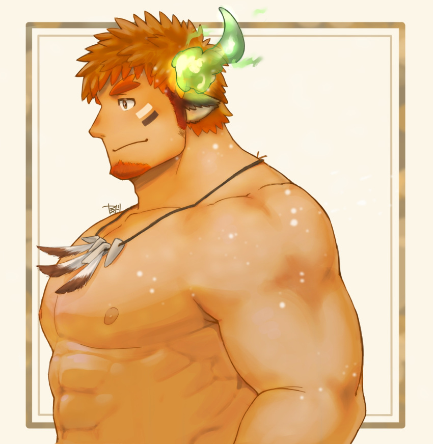 1boy abs alternate_pectoral_size animal_ears bara blush brown_eyes brown_hair completely_nude cow_boy cow_ears cow_horns dark-skinned_male dark_skin facial_hair feather_necklace fiery_horns forked_eyebrows from_side glowing_horns goatee highres horns large_pectorals long_sideburns male_focus muscular muscular_male nipples nude pectorals short_hair sideburns solo spiked_hair stomach thick_eyebrows tokyo_houkago_summoners wakan_tanka yanutorie