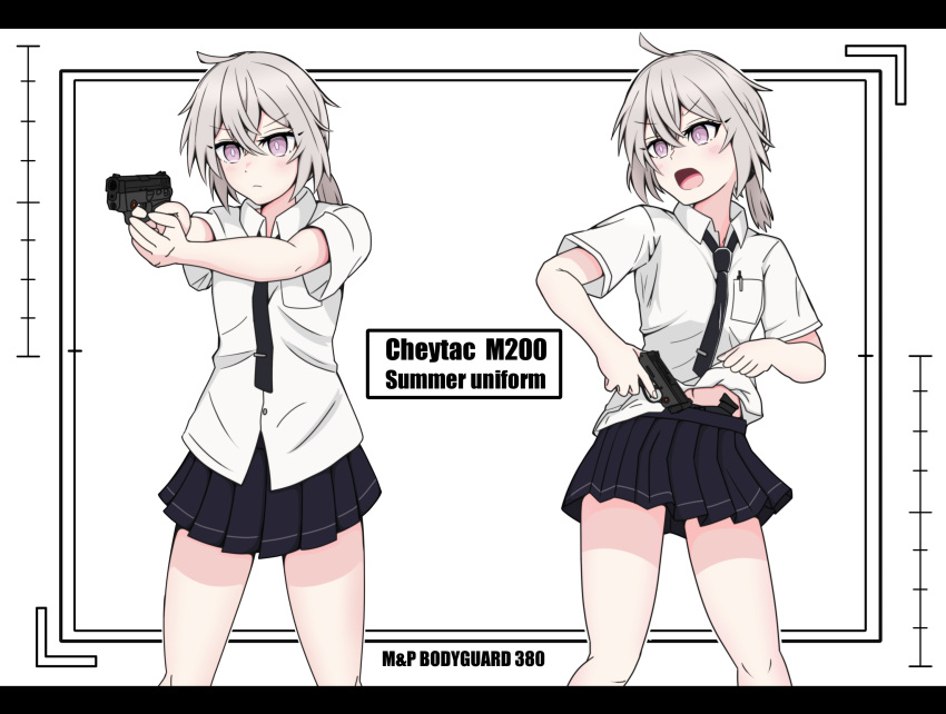 1girl antenna_hair bangs black_skirt closed_mouth girls'_frontline gotoo grey_hair gun hair_between_eyes handgun highres holding holding_gun holding_weapon m200_(girls'_frontline) necktie open_mouth pen pistol pocket polo_shirt ponytail purple_eyes shirt short_sleeves skirt solo weapon white_shirt