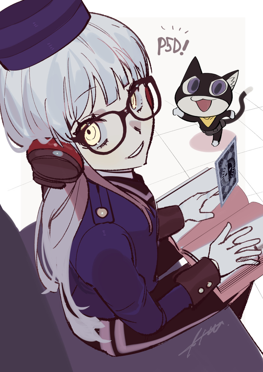 1girl absurdres alternate_color alternate_costume bangs black_pants blue_jacket blunt_bangs book btmr_game cat eyebrows_visible_through_hair glasses gloves hat headphones highres jacket long_hair long_sleeves looking_at_viewer morgana_(persona_5) open_mouth pants persona persona_5 persona_5:_dancing_star_night sakura_futaba signature sitting tarot uniform velvet_room white_gloves white_hair