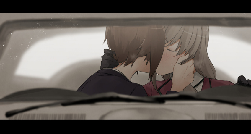 2girls black_gloves blush brown_hair car closed_eyes girls_und_panzer gloves grey_hair ground_vehicle hand_on_another's_cheek hand_on_another's_face hand_on_another's_head kiss motor_vehicle multiple_girls nishizumi_maho shimada_chiyo shiny shiny_hair short_hair sweat yuri yuuhi_(arcadia)