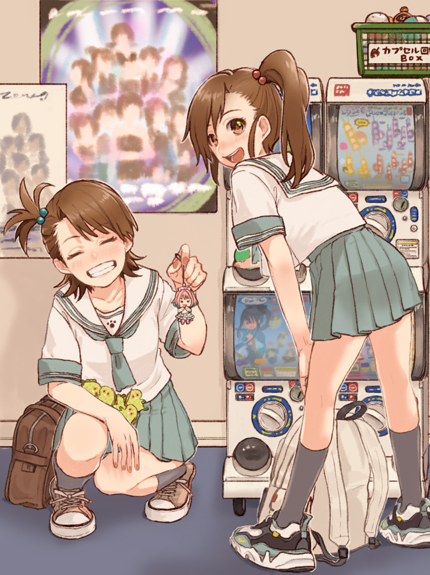 2girls backpack bag brown_hair character_doll chupacabra_(idolmaster) closed_eyes futami_ami futami_mami gacha grin hair_bobbles hair_ornament highres idolmaster idolmaster_(classic) idolmaster_million_live! idolmaster_million_live!_theater_days multiple_girls nail_polish poster_(object) school_bag school_uniform serafuku shoes short_ponytail side_ponytail smile sneakers squatting standing tanupon yumemi_riamu