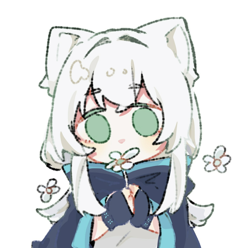 1girl animal_ears arknights bangs cat_ears cat_girl chibi cloak commentary fingerless_gloves flower gloves green_eyes highres holding holding_flower hood hood_down hooded_cloak infection_monitor_(arknights) long_hair mangguoqian rosmontis_(arknights) silver_hair solo symbol_commentary