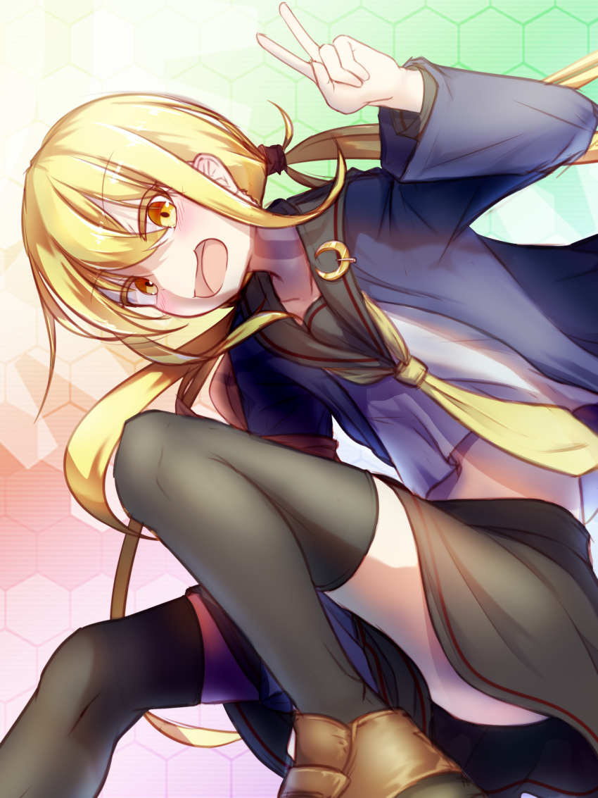 1girl absurdres armband black_legwear black_sailor_collar black_skirt blonde_hair blue_jacket commentary_request crescent crescent_pin dress highres honeycomb_(pattern) honeycomb_background jacket kantai_collection long_hair looking_at_viewer low_twintails neckerchief pleated_dress remodel_(kantai_collection) sailor_collar satsuki_(kancolle) school_uniform serafuku skirt smile solo surumeika_(jfsurumeika) thighhighs twintails v yellow_eyes yellow_neckwear