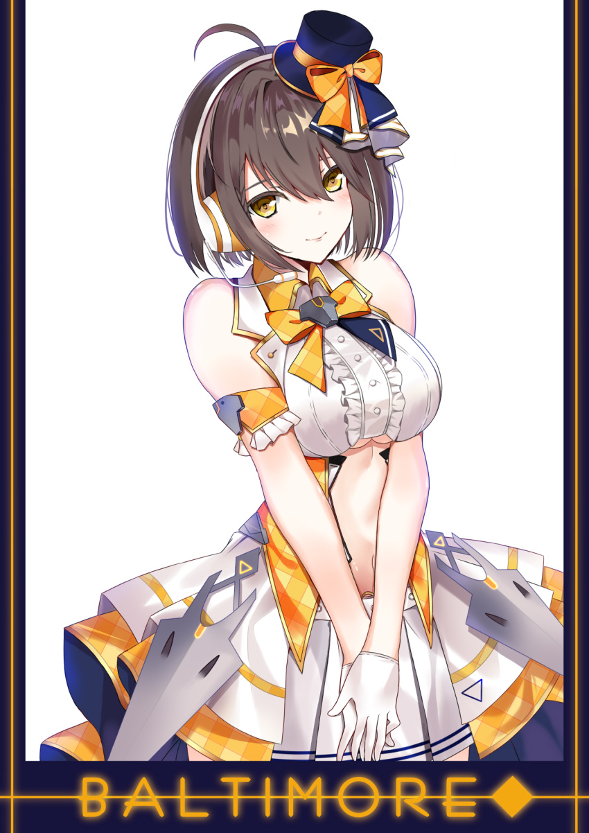 1girl ahoge arm_strap azur_lane baltimore_(azur_lane) baltimore_(muse)_(azur_lane) bangs bare_shoulders blue_headwear blush bow braid breasts brown_hair center_frills center_opening character_name closed_mouth clothing_cutout collared_shirt commentary_request cowboy_shot eyebrows_behind_hair french_braid frills gloves hair_between_eyes hat headset heart_belt heart_buckle highres idol irohasu_(mmgn7434) large_breasts layered_skirt looking_at_viewer mini_hat mini_top_hat miniskirt navel orange_bow orange_vest pleated_skirt shirt short_hair showgirl_skirt sidelocks simple_background skirt sleeveless sleeveless_shirt smile solo standing stomach stomach_cutout top_hat underboob underboob_cutout v_arms vest white_background white_gloves white_shirt white_skirt yellow_eyes