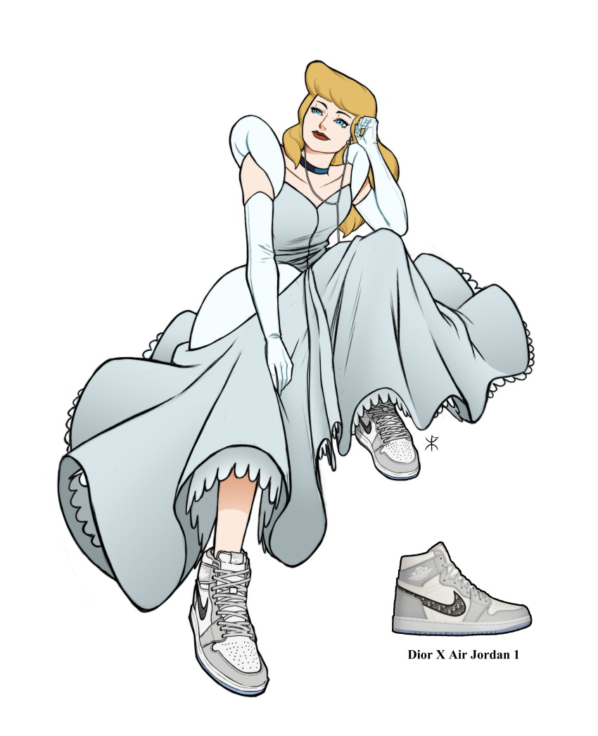 1girl absurdres air_jordan air_jordan_1 apoloniodraws blonde_hair blue_eyes choker cinderella cinderella_(disney) disney dress earphones gown hair_down headphones highres jordan lipstick long_hair makeup red_lips shoes simple_background sneakers solo white_background