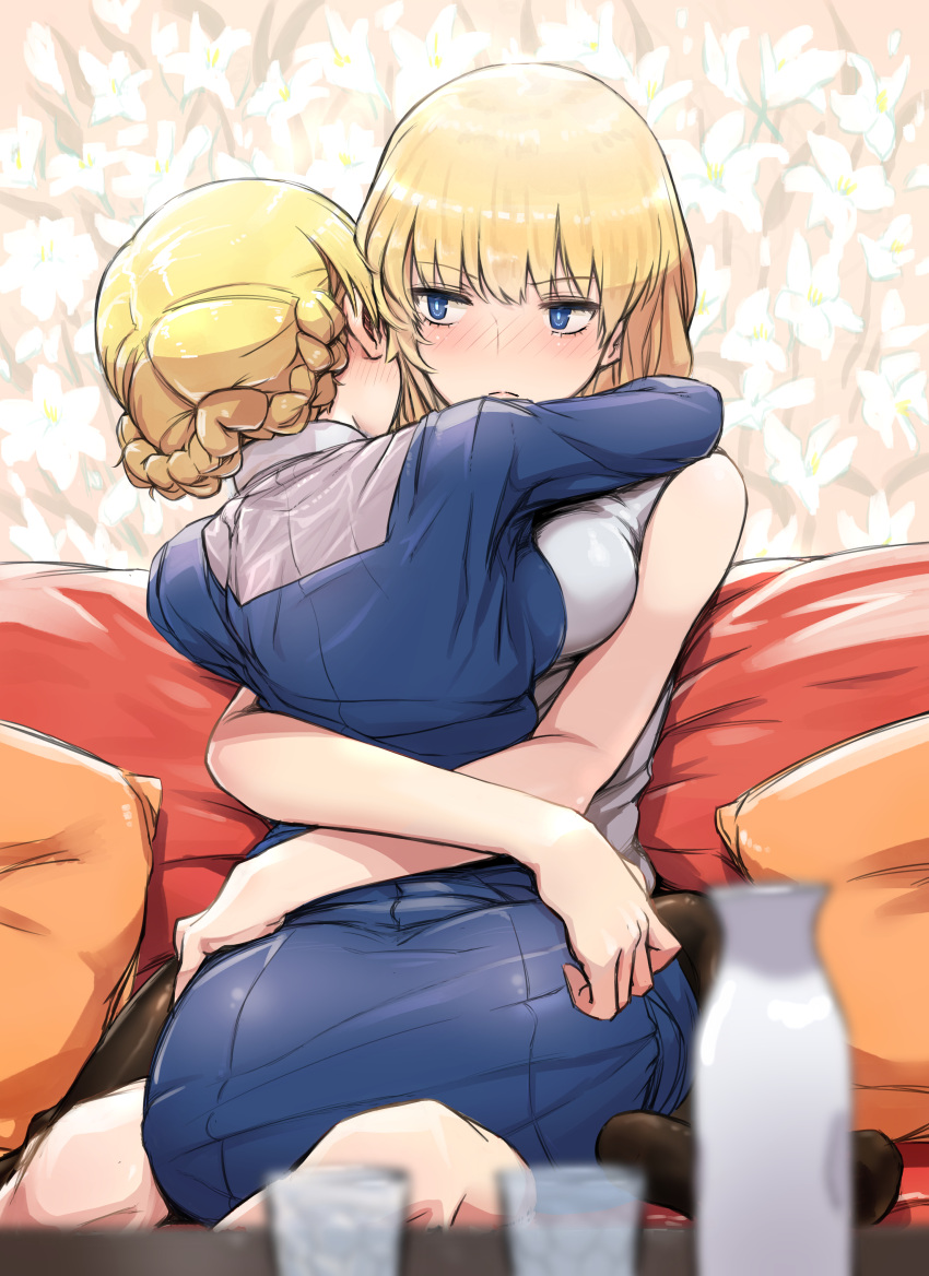 2girls absurdres blonde_hair blue_eyes blush bottle braid breasts couch darjeeling_(girls_und_panzer) dress earl_grey_(girls_und_panzer) flower french_braid girls_und_panzer glass highres hug lily_(flower) medium_breasts multiple_girls no_shoes oshiri_seijin pantyhose pillow short_hair table yuri