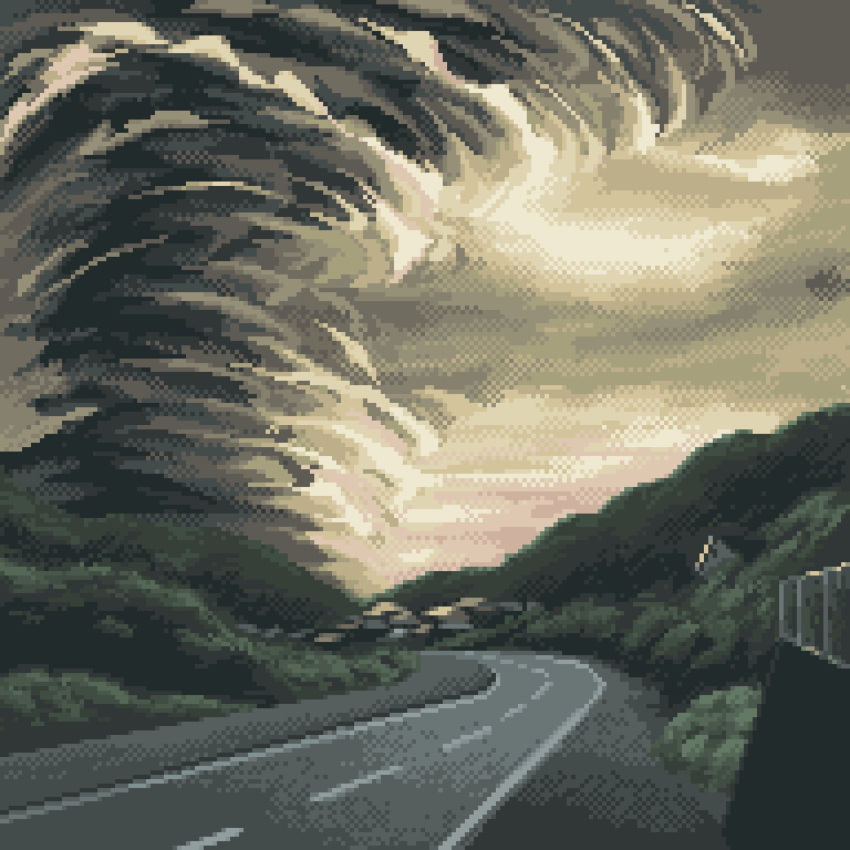 cloud cloudy_sky daisen_(specialdaisen) forest highres nature no_humans original outdoors pixel_art road scenery sky tornado