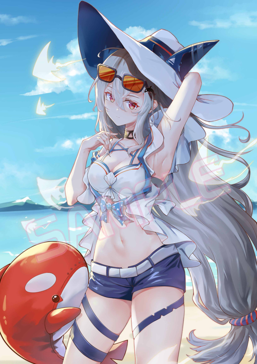 1girl absurdres ahoge arknights arm_behind_head armpits bangs bare_shoulders beach black_choker blue_shorts breasts chinese_commentary choker cleavage closed_mouth commentary cowboy_shot eyewear_on_head hat highres kaguyamaou light_smile long_hair looking_at_viewer low-tied_long_hair medium_breasts midriff navel off-shoulder_shirt off_shoulder official_alternate_costume outdoors red_eyes sample shirt short_shorts shorts silver_hair simple_background skadi_(arknights) skadi_(waverider)_(arknights) solo standing stomach stuffed_animal stuffed_orca stuffed_toy sun_hat sunglasses swimsuit thigh_strap thighs very_long_hair white_headwear white_shirt