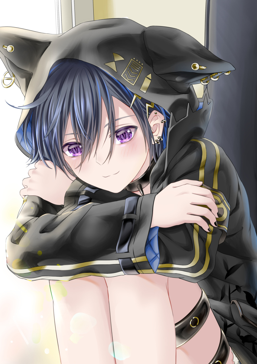 1boy black_hair black_jacket black_nails collar ear_piercing gold_trim hair_between_eyes highres holostars hood hood_up hugging_own_legs jacket kanade_izuru lin_dreamer long_sleeves looking_at_viewer male_focus piercing purple_eyes sitting thigh_strap virtual_youtuber