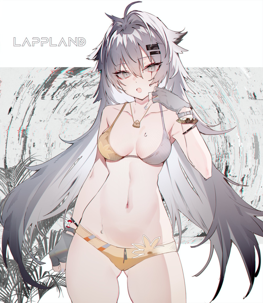 1girl :o ahoge alternate_costume animal_ears arknights bikini bracelet breasts character_name commentary fingerless_gloves floppy_ears gloves grey_eyes grey_gloves grey_hair grey_nails hair_between_eyes hair_intakes hair_ornament hairclip hand_up highres jewelry lappland_(arknights) long_hair medium_breasts messy_hair navel scar scar_across_eye solo soukou_makura sweat swimsuit symbol_commentary very_long_hair white_background wolf_ears yellow_bikini