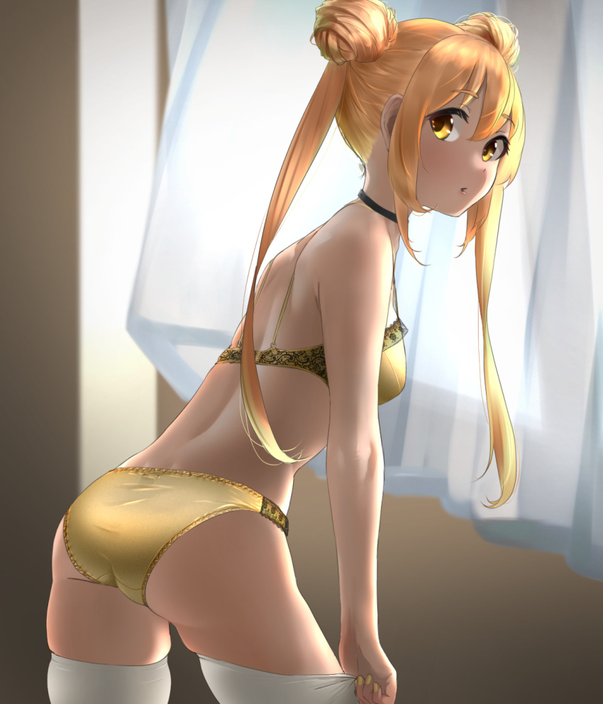 1000-chan 1girl ass bare_shoulders blonde_hair blush bra breasts double_bun eyebrows_visible_through_hair hair_between_eyes highres indoors long_hair looking_at_viewer nail_polish open_mouth original panties small_breasts tama_(seiga46239239) thighhighs underwear white_legwear yellow_bra yellow_nails yellow_panties