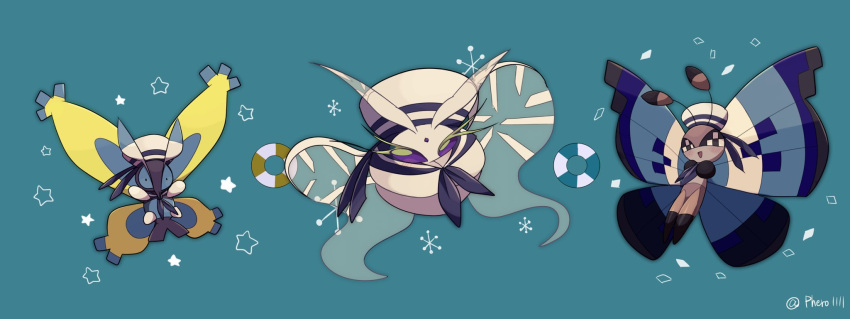 :d a-nya blush bug butterfly clothed_pokemon frosmoth gen_4_pokemon gen_6_pokemon gen_8_pokemon green_background hat hatted_pokemon highres insect lifebuoy mothim no_humans open_mouth pokemon pokemon_(creature) sailor_collar shirt simple_background smile star_(symbol) symbol_commentary twitter_username vivillon vivillon_(marine) white_headwear white_shirt
