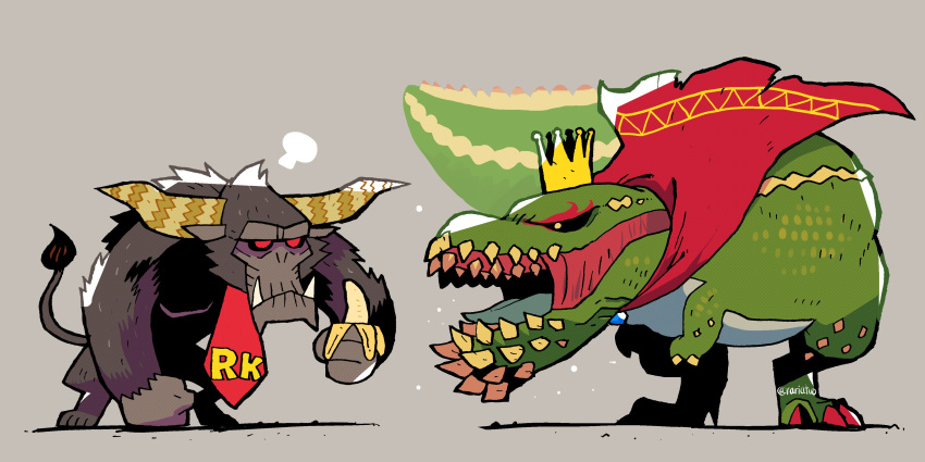 absurdres banana cape cosplay crossover crown deviljho donkey_kong donkey_kong_(cosplay) donkey_kong_country fangs food frown fruit highres king_k._rool king_k._rool_(cosplay) looking_at_another monster_hunter_(series) necktie rajang rariatto_(ganguri) red_cape red_eyes red_neckwear roaring signature yellow_eyes