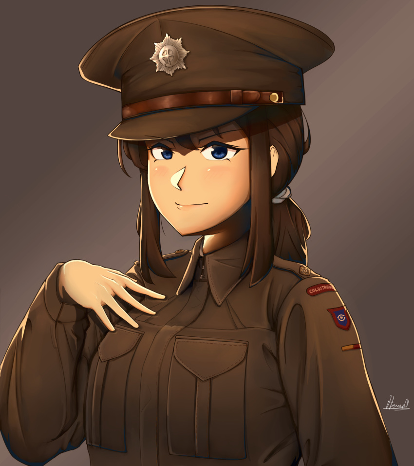 1girl blue_eyes breast_pocket british brown_hair brown_shirt closed_mouth collared_shirt hat hermann highres long_sleeves military military_hat military_uniform original peaked_cap pocket ponytail serious shirt signature solo uniform world_war_ii