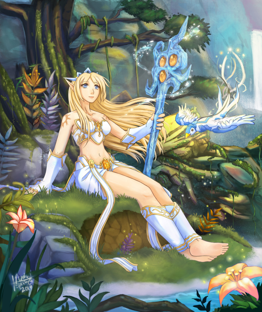 absurdres angel barefoot bird concept_art crossed_ankles crossed_legs dove feet forest highres janna janna_(league_of_legends) league_of_legends nature sitting soles sphelon8565 star_guardian_(league_of_legends) star_guardian_janna zephyr