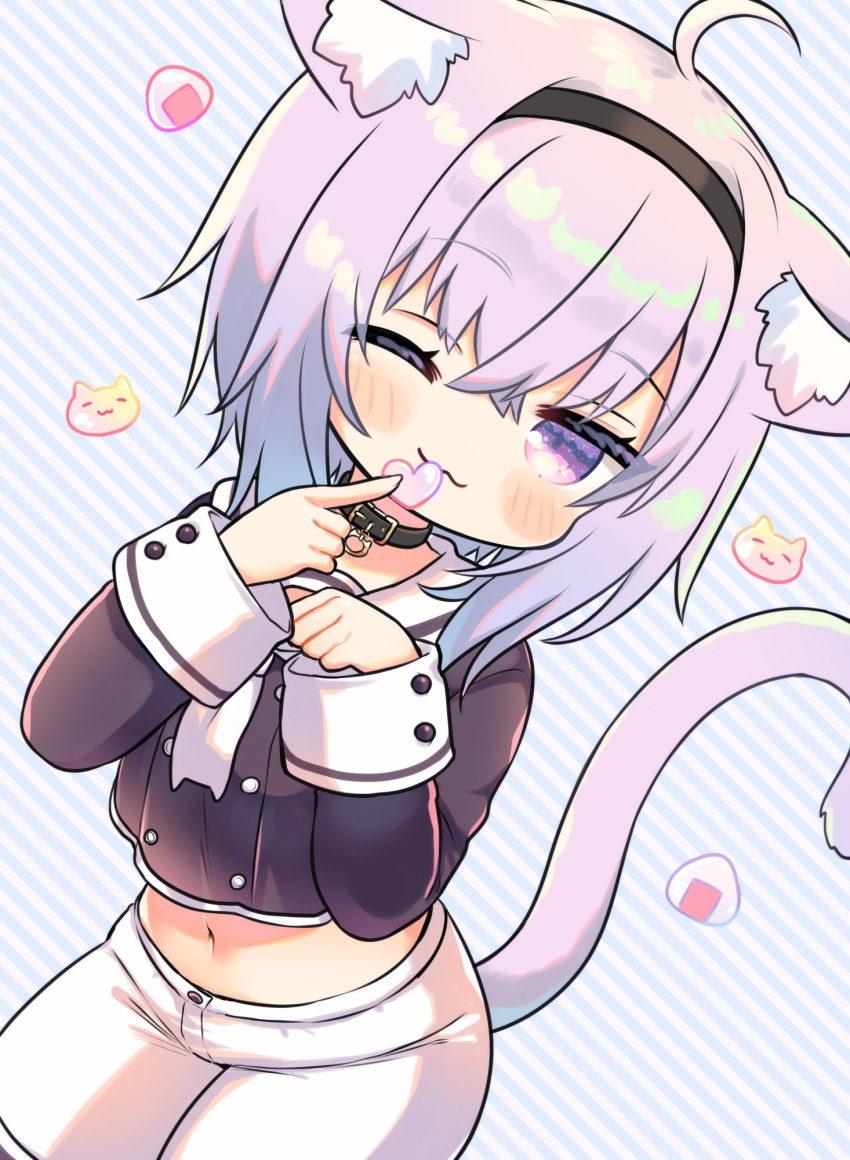 1girl :3 ahoge animal_collar animal_ears cat_ears cat_girl cat_tail collar food hairband heart highres hololive leaning_forward marshmallow_mille midriff navel nekomata_okayu one_eye_closed onigiri purple_eyes purple_hair sailor_collar shorts smile solo striped striped_background tail virtual_youtuber white_shorts