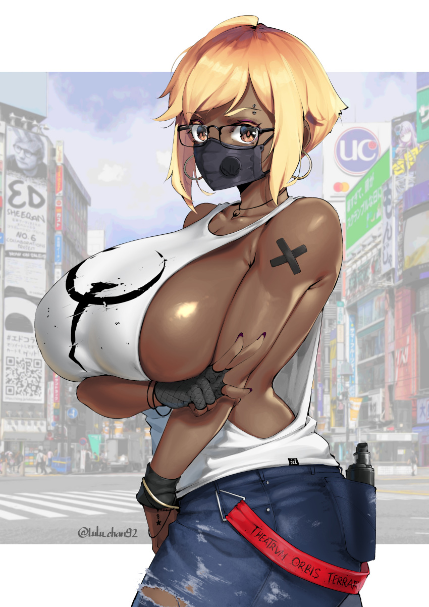 absurdres bandaid bangs breasts dark-skinned_female dark_skin denim earrings fashion fishnets glasses gyaru highres jeans jewelry kogal large_breasts latin_text loose_clothes loose_shirt lulu-chan92 mask mouth_mask original pants piercing quake road shiny shirt short_hair sideboob sleeveless sleeveless_shirt street tan torn_clothes torn_legwear twitter_username