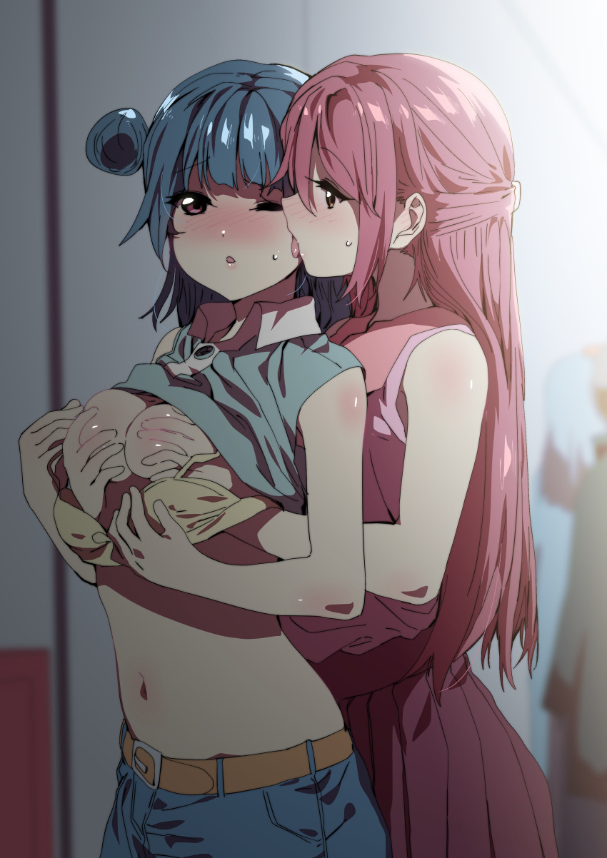 2girls absurdres belt belt_buckle blue_hair blue_pants blurry blurry_background blush bra bra_pull braid breast_grab breasts brown_belt buckle clothes_pull collared_shirt ecoman french_braid grabbing grabbing_from_behind grey_shirt hair_bun highres indoors licking licking_cheek licking_face long_hair love_live! love_live!_sunshine!! medium_breasts midriff multiple_girls navel open_mouth pants pink_hair pink_shirt pleated_skirt red_eyes red_skirt sakurauchi_riko shiny shiny_hair shiny_skin shirt sketch skirt sleeveless sleeveless_shirt stomach tongue tongue_out tsushima_yoshiko underwear very_long_hair wing_collar yellow_bra yuri