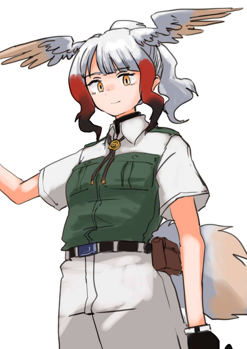 1girl absurdres alternate_hairstyle bird_girl bird_tail bird_wings black_gloves black_hair blush collared_shirt commentary_request cowboy_shot eyebrows_visible_through_hair gloves green_shorts grey_shirt grey_shorts head_wings highres hozumi_sousei japanese_crested_ibis_(kemono_friends) kemono_friends kemono_friends_3 khakis looking_at_viewer neckwear official_alternate_costume orange_eyes ponytail red_hair shirt short_hair short_sleeves shorts sidelocks solo t-shirt tail two-tone_shirt uniform white_hair wings
