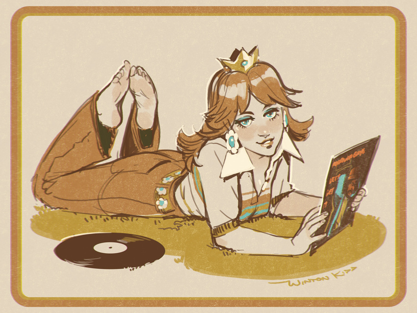 1girl alternate_costume aqua_eyes barefoot blush brown_hair collared_shirt crown earrings eyeshadow full_body holding jewelry legs_up long_hair lying makeup mario_(series) on_stomach parted_lips princess_daisy record record_jacket shirt short_sleeves signature smile solo winton_kidd
