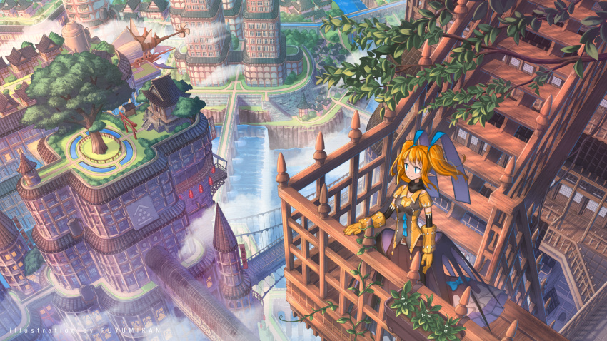 1girl aircraft airship artist_name bangs blue_bow blue_eyes blue_ribbon bow breasts bridge building bush city cityscape cleavage floating_hair fog from_above gloves hair_ribbon hand_on_railing highres house lantern looking_afar low_wings nagi_itsuki orange_hair original paper_lantern plant pond ponytail railing ribbon river scenery shirt shouji shrine sliding_doors solo stairs torii tree tree_branch twintails vines water waterfall wide_shot wings wooden_floor yellow_gloves yellow_shirt