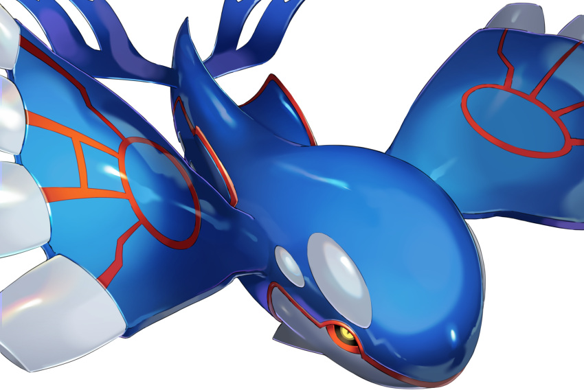 black_sclera closed_mouth colored_sclera commentary_request gen_3_pokemon glowing glowing_eyes highres kyogre legendary_pokemon mian_(3zandora) no_humans pokemon pokemon_(creature) shiny shiny_skin simple_background solo white_background yellow_eyes