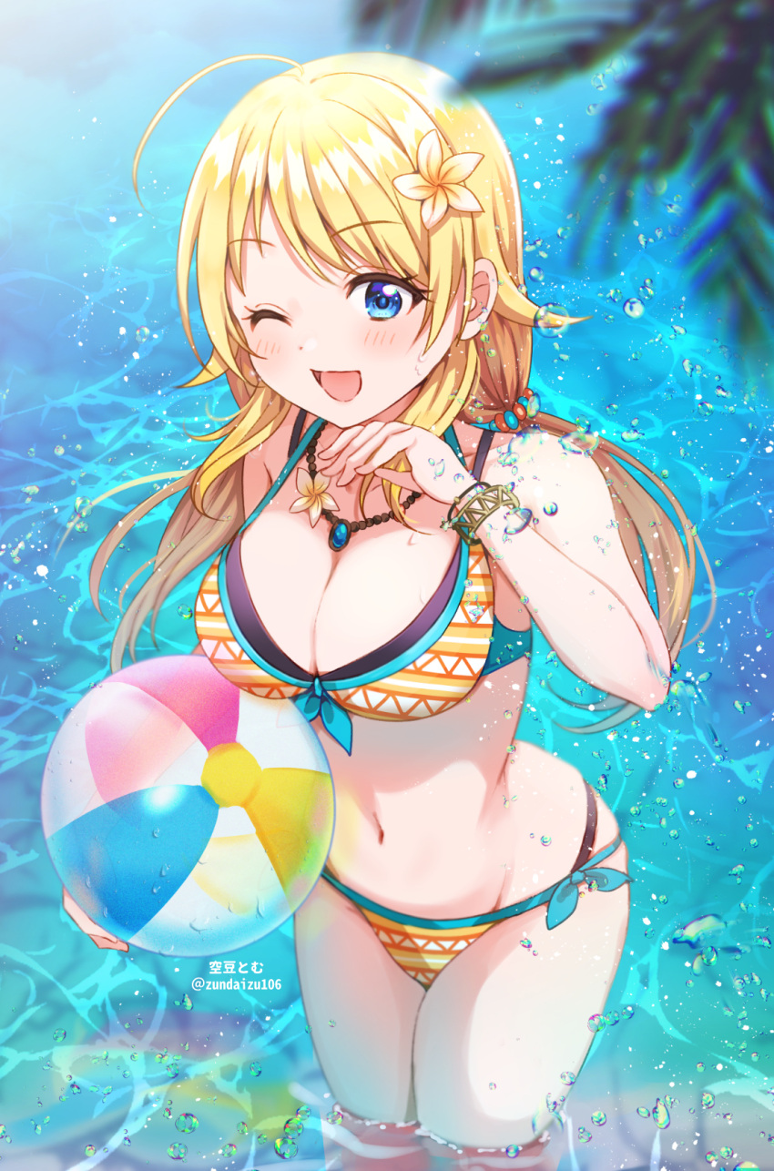 1girl ;d ahoge ball blonde_hair blue_eyes bracelet breasts eyebrows_visible_through_hair flower hachimiya_meguru hair_flower hair_ornament highres holding holding_ball idolmaster idolmaster_shiny_colors jewelry large_breasts looking_at_viewer low_twintails navel necklace one_eye_closed open_mouth partially_submerged smile solo soramame_tomu swimsuit twintails twitter_username water wet