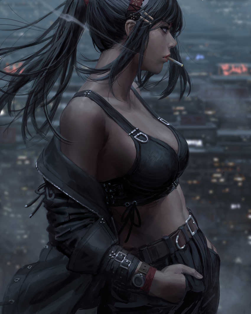 1girl bangs belt belt_buckle black_hair black_jacket blue_background breasts buckle cigarette crop_top floating_hair from_side guweiz hair_ornament hairclip hands_in_pockets highres jacket lips looking_to_the_side medium_breasts midriff navel off_shoulder original ponytail profile solo tank_top watch wristwatch