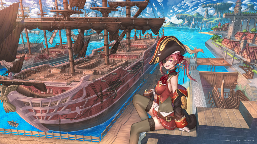 1girl beach boat breasts cup epaulettes eyepatch from_side harbor hat highres holding holding_cup hololive houshou_marine jacket large_breasts long_hair looking_at_viewer mast miniskirt nagi_itsuki ocean off_shoulder open_mouth pirate_hat pirate_ship red_eyes red_hair rope scenery ship sitting skirt smile solo thighhighs twintails virtual_youtuber walkway watercraft wide_shot wooden_floor zettai_ryouiki