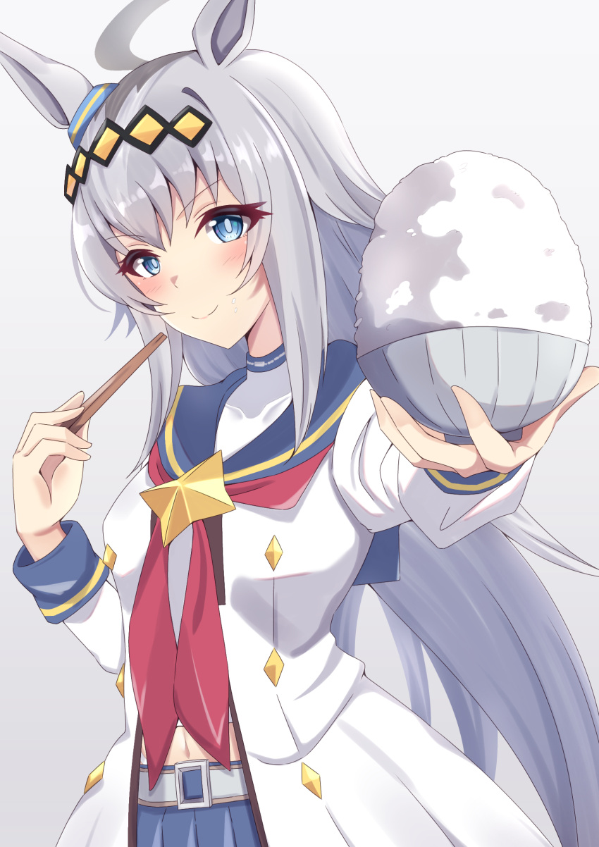 1girl ahoge animal_ears blue_eyes blue_sailor_collar blue_skirt blush bowl breasts chopsticks closed_mouth food food_on_face grey_background grey_hair highres holding holding_bowl holding_chopsticks horse_ears long_hair multicolored_hair nanao_(naoekaki25) navel oguri_cap_(umamusume) outstretched_arm pleated_skirt red_neckwear rice rice_bowl rice_on_face sailor_collar shirt simple_background skirt small_breasts smile solo streaked_hair umamusume very_long_hair white_shirt