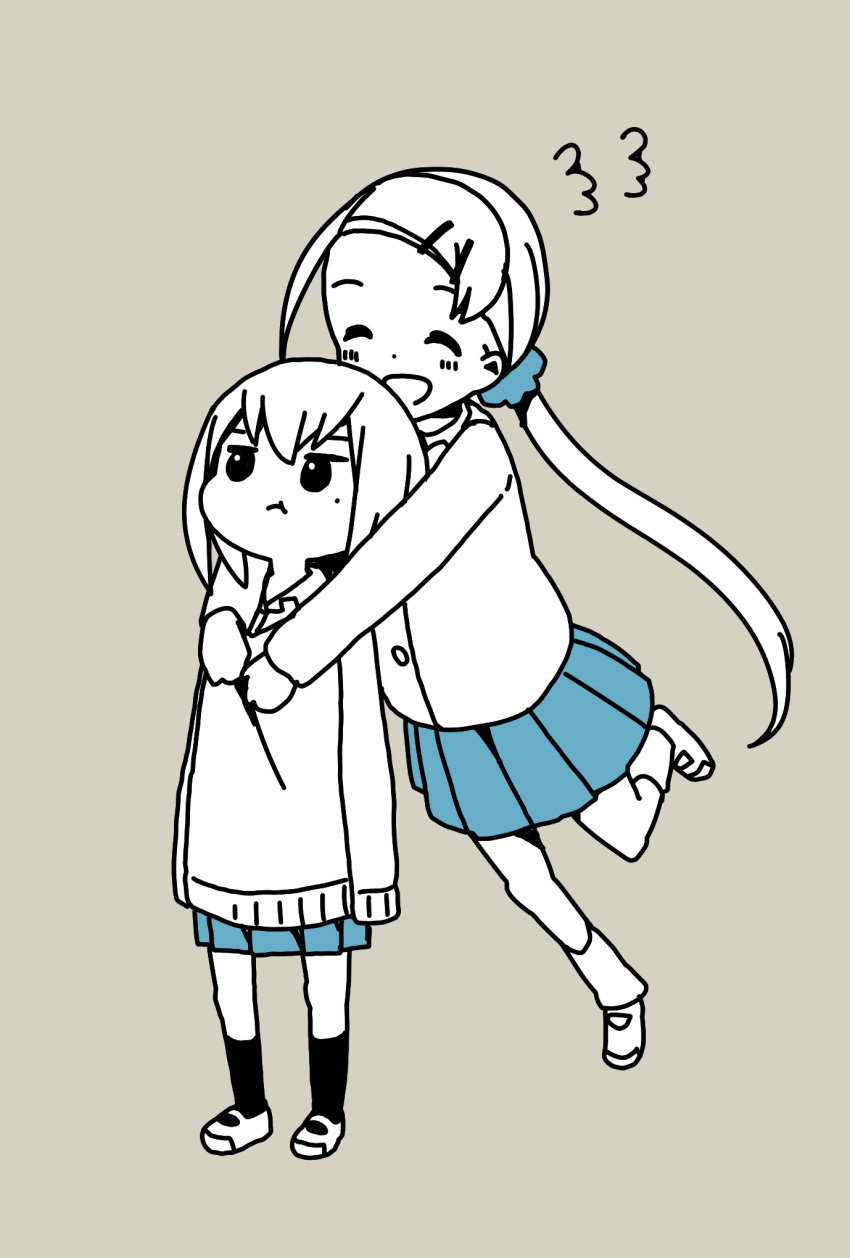 2girls :d :t ^_^ alternate_height annoyed bangs blazer blue_scrunchie blue_skirt blush buttons closed_eyes collared_shirt commentary_request dot_nose forehead full_body glomp grey_background hair_ornament hair_scrunchie hairclip happy highres hitoribocchi_no_marumaru_seikatsu hug hug_from_behind jacket jumping katsuwo_(cr66g) long_hair long_sleeves mole mole_under_eye multiple_girls open_mouth partially_colored pleated_skirt pout scrunchie shirt shoes short_hair simple_background skirt sleeves_past_fingers sleeves_past_wrists smile socks sotoka_rakita split_mouth standing sunao_nako sweater uwabaki very_long_hair