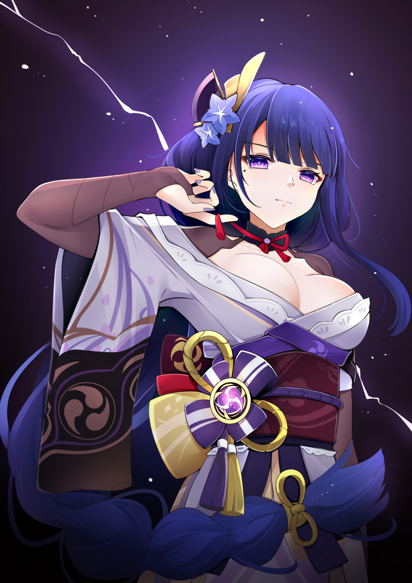 1girl bangs blunt_bangs bow bowtie braid breasts cleavage collarbone commentary_request eyebrows_visible_through_hair eyes_visible_through_hair genshin_impact hair_ornament highres japanese_clothes lightning long_hair looking_at_viewer low-tied_long_hair low_twintails mole mole_under_eye purple_eyes purple_hair qingye_ling raiden_(genshin_impact) sidelocks single_braid solo twintails vision_(genshin_impact) wide_sleeves